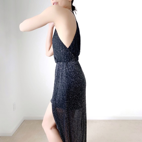 BLACK SHEER GLITTER HIGH CUT MAXI DRESS - Picture 9 of 16